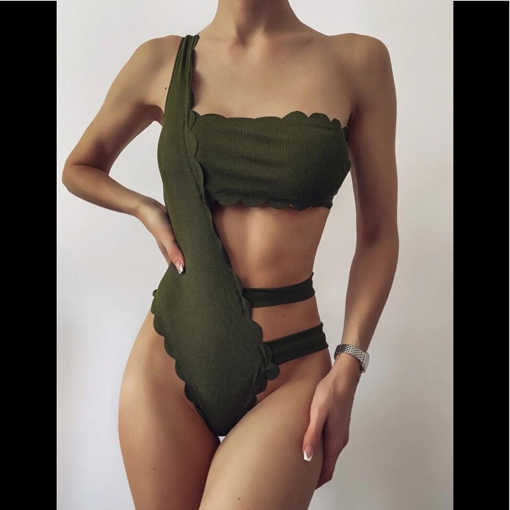Army Green One Piece Cut Out Swimsuit - Picture 1 of 6